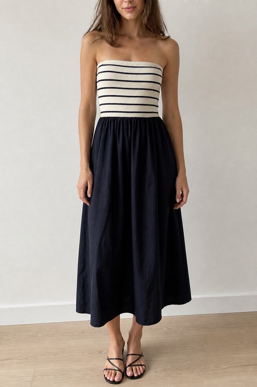 Moon River Strapless Maxi Dress in Navy and Cream